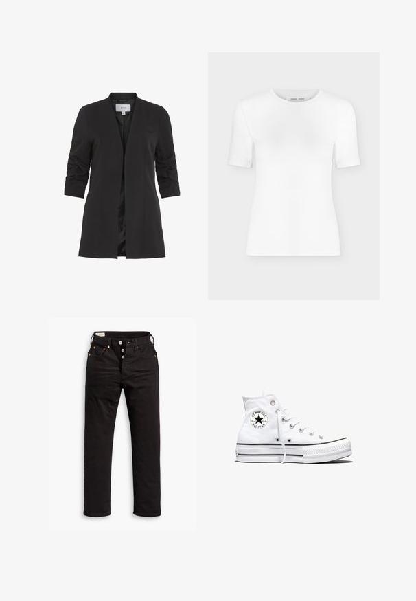 VILA VIHER - Blazer - black; Camiseta blanca de manga corta con cuello redondo, ajuste slim y textura de tejido acanalado, mostrada sobre un fondo liso gris claro.; Vaqueros negros de pierna recta con cierre de botón, bolsillos delanteros y traseros, y detalles de remaches de cobre sobre un fondo blanco.; Zapatilla blanca de caña alta Converse Chuck Taylor All Star con parche de logo negro y cordones blancos, presentada sobre fondo blanco.