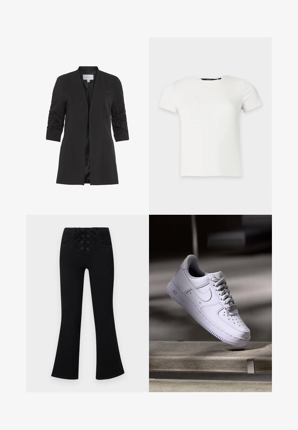 VILA VIHER - Blazer - black; Camiseta blanca de punto acanalado con mangas cortas y cuello redondo, presentada sobre un fondo liso gris claro.; Pantalones negros de cintura alta y campana, con detalle de cordones delanteros y bolsillos laterales, exhibidos sobre un fondo gris claro.; Zapatilla Nike Air Force 1 blanca levitando sobre una superficie de hormigón con sombras en un entorno minimalista.