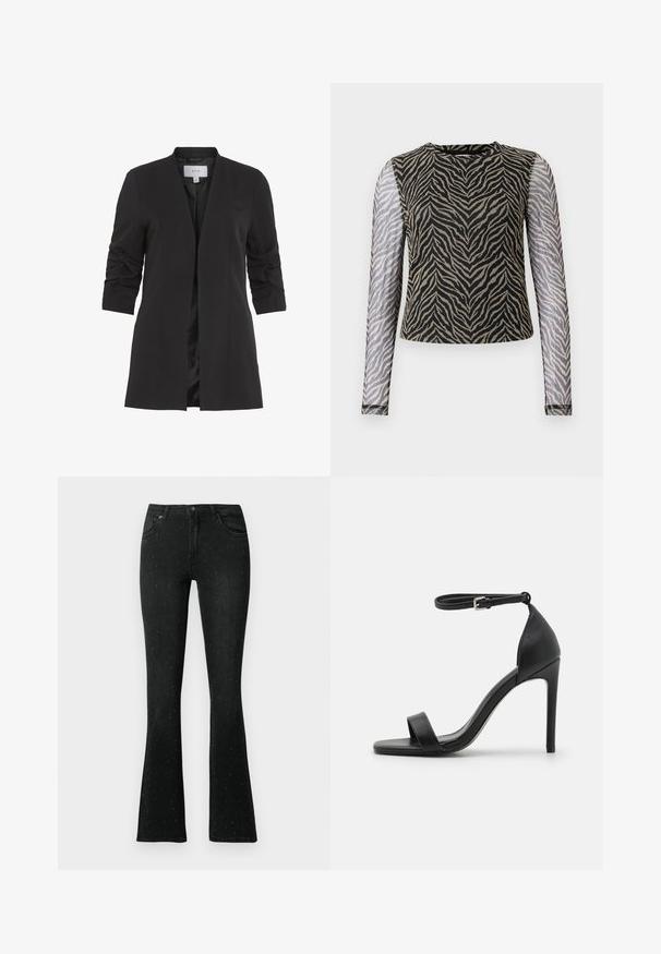 VILA VIHER - Blazer - black; Top de manga larga con un estampado de cebra en negro y beige en el cuerpo, con mangas de malla semitransparentes y cuello redondo.; Jeans de mezclilla negra acampanados que cuentan con una cintura ajustada, cinco bolsillos y adornos plateados dispersos por toda la tela.; Sandalia de tacón alto negra con un diseño elegante, que cuenta con una correa en el tobillo, punta abierta y una textura de cuero suave.