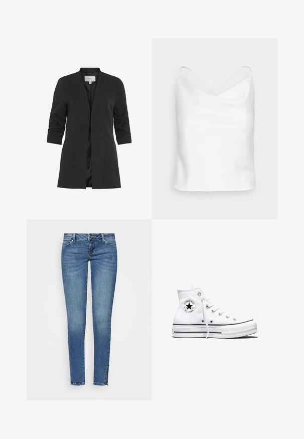 VILA VIHER - Blazer - black; Pieces PCMARI SLIP - Top - bright white; ONLY ONLCORAL SKINNY ZIP ANKLE - Jeans Skinny Fit - medium blue denim; Hvid højtop Converse Chuck Taylor All Star-sneaker med sort logo-patch og hvide snørebånd, vist på hvid baggrund.