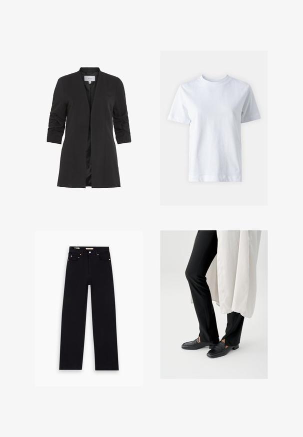 VILA VIHER - Blazer - black; T-shirt de algodón blanco con cuello redondo, mangas cortas, corte recto y textura suave. Sin patrones ni adornos.; Jeans de mezclilla negros con corte recto, cinco bolsillos, herrajes de cobre y una textura suave. Dos etiquetas visibles en la cinturilla.; Mocasines negros de cuero con punta cuadrada y tacón bajo de bloque, combinados con pantalones negros ajustados y una capa exterior blanca y fluida.