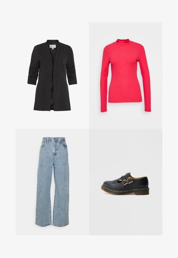 VILA VIHER - Blazer - black; Minimum MOCKI - Camiseta de manga larga - jalapeño red; Jeans de mezclilla de pierna ancha en azul claro con cintura alta, cierre de botón frontal, cremallera y diseño de cinco bolsillos sobre fondo liso.; Zapato de cuero negro con dos correas de hebilla, detalles perforados, puntera redondeada y un acento de costura amarilla alrededor de la suela.