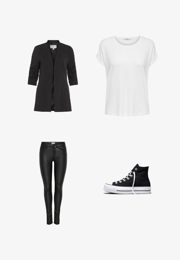 VILA VIHER - Blazer - black; Camiseta blanca de manga corta hecha de algodón suave. Presenta un cuello redondo y puños enrollados. Diseño simple sin patrones ni acentos.; Pantalones de imitación de cuero negros de corte ajustado, con cierre de botón en la parte delantera, cremallera y pasadores para cinturón, exhibidos sobre un fondo blanco.; Zapatilla alta de lona negra con suela de goma blanca y cordones blancos, vista de lado sobre un fondo blanco.