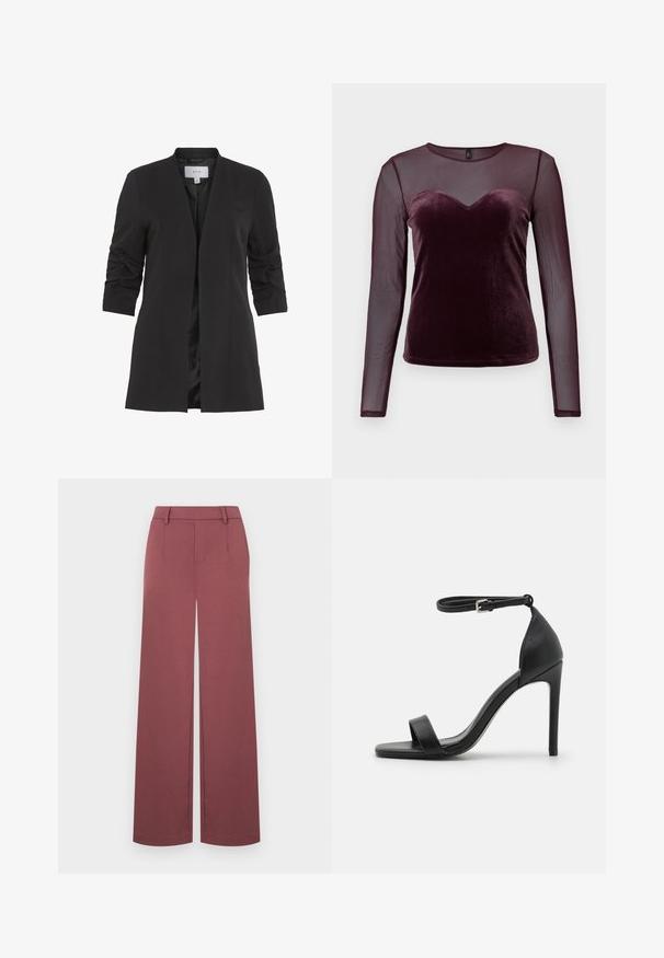 VILA VIHER - Blazer - black; Bordeaux langærmet top med en velour overdel og hjerteudskæring samt gennemsigtige meshærmer, glat tekstur og tætsiddende design.; Bukser med vide ben i en bordeauxrød farve. Fremstillet af glat stof med en skræddersyet linning og forbukser, uden synlige beslag.; Sort højhælet sandal med et sleek design, der har en ankelrem, åben tå og glat lædertekstur.