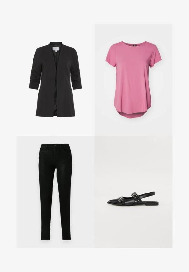 VILA VIHER - Blazer - black; Camiseta de manga corta rosa con escote redondo, corte relajado y dobladillo trasero ligeramente más largo. Fabricada con una tela suave y lisa.; Jeans de denim negro con corte ajustado, que cuentan con cinco bolsillos, cierre de botón y sutiles variaciones de textura en la superficie del tejido.; Even&Odd Bailarinas con tira trasera - black
