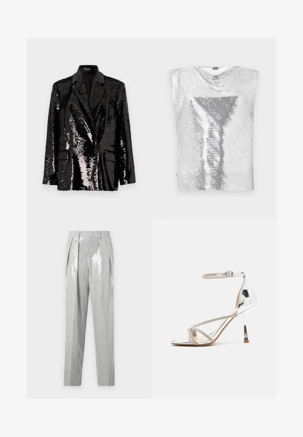 Sort pailletjakke med lange ærmer, klapkrave, to forlommer og en glat inderforing. Skinnende overfladestruktur.; Rabanne Top - silver-coloured; Good American SUITING GOOD TROUSER - Bukser - grey; Sølv højhælede sandal med en snøredesign, glitrende materiale, rhinsten accenter og en slank ankelrem. Firkantet tå og poleret hæl.