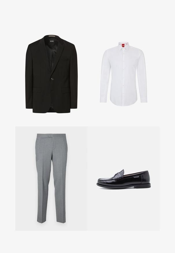 Sort blazer med spidse lapeller, enkelt knaplukning, to frontlommer, glat tekstur og indre foring. Mærke: BOSS.; Hvid langærmet skjorte med krave, der har en knappet front og blødt, glat stof. Ingen mønstre eller detaljer synlige.; Grå skræddersyede bukser lavet af tekstureret stof, med glat front, bæltesløjfer og to sidelommer. Lige ben design.; Sorte læderloafer med en blank finish, der har et syet mønster på tåen og en lav, tekstureret sort gummisål.