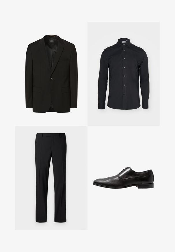 Sort blazer med spidse lapeller, enkelt knaplukning, to frontlommer, glat tekstur og indre foring. Mærke: BOSS.; Sort langærmet skjorte med knapper og klassisk krave. Lavet af glat stof, har frontknapper og rundede manchetter.; Sorte skræddersyede bukser med lige ben, der har en glat overflade, plissee foran og en klassisk talje for et formelt udseende.; Sorte dressko med struktureret front, glat læderoverdel og seks snøre øjne. Slank silhuet med lav hæl.