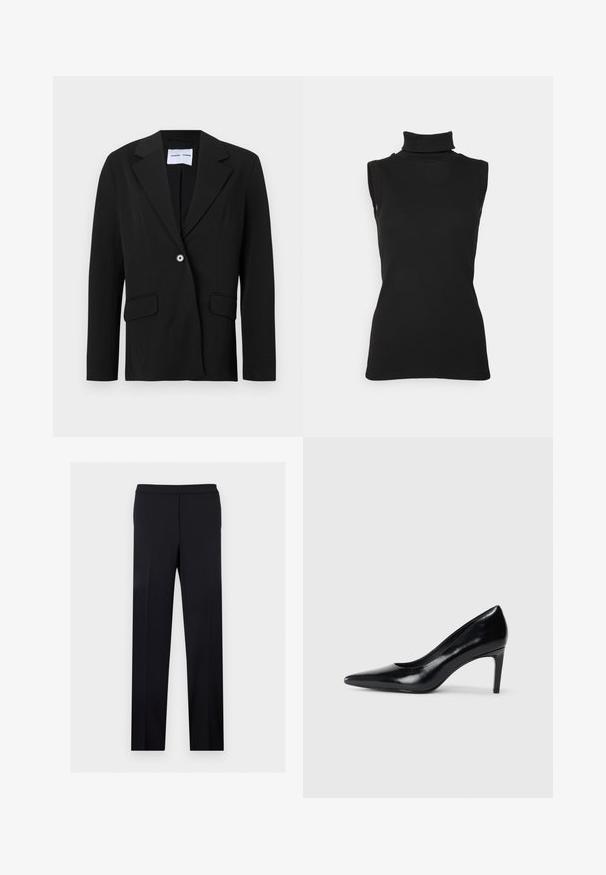 Blazer noir à un bouton avec col cranté et poches à rabat, présenté sur fond blanc.; Top noir sans manches en maille côtelée, avec un col haut et une silhouette ajustée. Texture lisse avec un minimum de détails.; Pantalon habillé noir coupe droite, taille plate et plis repassés, présenté sur un fond clair uni.; Chaussure à talon haut en cuir noir avec un bout pointu, texture lisse et un talon effilé. Design minimaliste, sans embellissements supplémentaires.
