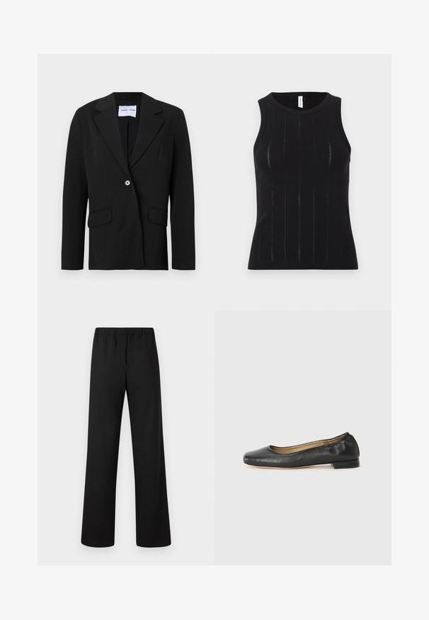 Blazer noir à un bouton avec col cranté et poches à rabat, présenté sur fond blanc.; Haut noir sans manches avec une texture côtelée à lignes verticales et des découpes subtiles. Col arrondi et coupe ajustée.; Pantalon droit à taille élastique noire, confectionné en tissu lisse, devant plat, sans poches apparentes ni décorations.; Ballerines en cuir noir avec un bout arrondi et des coutures minimales. Talon bas et rectangulaire avec une texture lisse. Détails subtils de doublure intérieure.