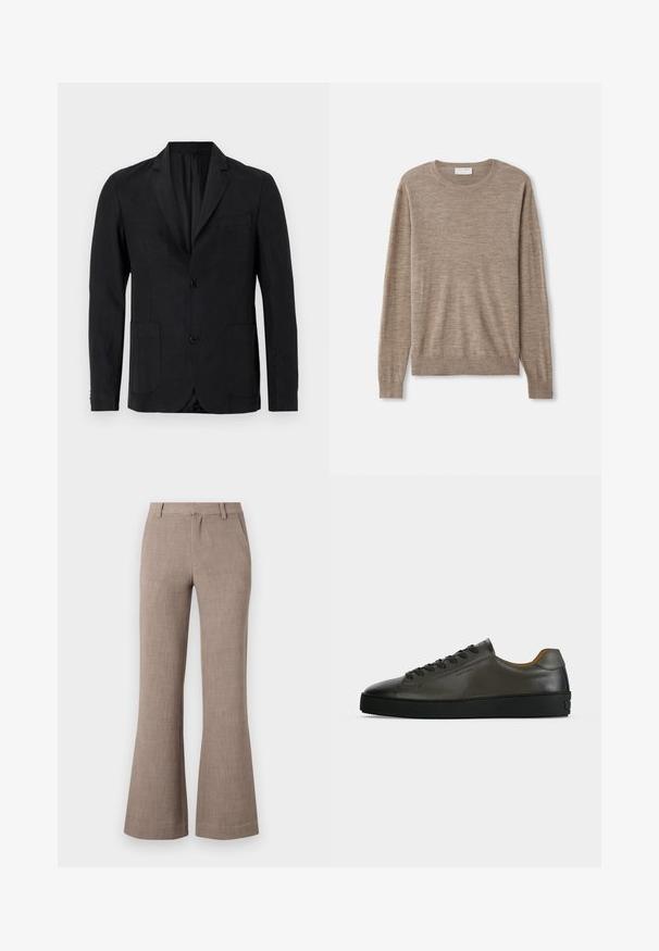 Zwarte blazer van gladde stof, met een ingesneden revers, twee zakken aan de voorkant, sluiting met één knoop en een minimalistisch ontwerp.; Beige trui gemaakt van fijngebreid materiaal. Heeft een ronde halslijn, lange mouwen en ribbelboorden aan de mouwen en onderkant. Eenvoudig en klassiek ontwerp.; Beige uitlopende broek gemaakt van een geweven stof, met een ritsluiting en zijzakken voor functionaliteit. Op maat gemaakte ontwerp.; Donkergrijze leren lage sneaker met zwarte veters en zool, minimalistisch ontwerp, zijaanzicht op een effen lichte achtergrond.