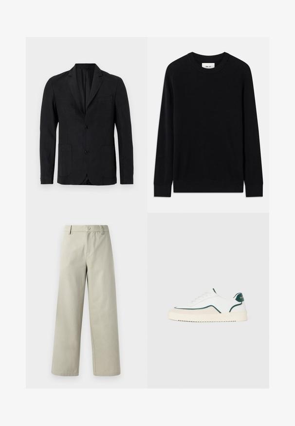 Sort blazer lavet af glat stof med notch-krave, to forlommer, enkelt knaplukning og minimalistisk design.; Sort ribbet sweater med rund halsudskæring, lange ærmer og strikket tekstur. Har en lige kant og en subtil brandinglabel indeni.; Han Kjøbenhavn WIDE LEG - Bukser - light grey; Hvide lavtop sneakers med grønne detaljer, beige ruskind og en cremefarvet sål med en rilllet bund.