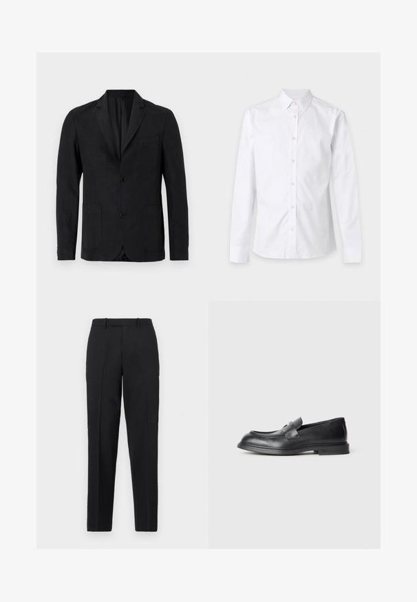 Sort blazer lavet af glat stof med notch-krave, to forlommer, enkelt knaplukning og minimalistisk design.; Hvid langærmet skjorte med knapper, krave og manchetter, vist fladt mod en ensfarvet lys baggrund.; Theory STRAIGHT - Bukser - deep black; Sorte læder loafers med en struktureret finish, der har en dekorativ frontrem og en rundet tå. Gummisål for holdbarhed.