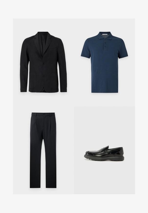 Sort blazer lavet af glat stof med notch-krave, to forlommer, enkelt knaplukning og minimalistisk design.; Marineblå kortærmet poloshirt med tre knapper og krave, vist på en ensfarvet lysegrå baggrund.; Sort bukser med en skræddersyet pasform, der har en glat tekstur, lige ben og en enkelt knaplukning i taljen.; Sort læderloafer med en blank finish, rund tå, subtile syninger og en tyk gummisål for holdbarhed.