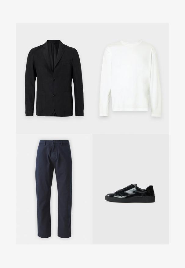 Sort blazer lavet af glat stof med notch-krave, to forlommer, enkelt knaplukning og minimalistisk design.; Langærmet hvid T-shirt i blødt bomuld, med rund hals, sideslidser og en afslappet pasform. Glat tekstur, ingen mønstre eller accenter.; Marineblå bomuldsbukser med lige ben, frontlukning med knap og bæltestropper. Glat tekstur og minimalistisk design.; Sorte laklæder sneakers med rund tå, snørredesign, tekstureret gummisål og en glat overflade.
