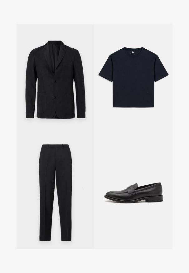 Zwarte blazer van gladde stof, met een ingesneden revers, twee zakken aan de voorkant, sluiting met één knoop en een minimalistisch ontwerp.; Navyblauw T-shirt met korte mouwen, gemaakt van katoen. Ronde hals met een rechte zoom en minimale branding in de onderste linkerhoek.; Theory STRAIGHT - Broek - deep black; Zwarte leren loafers met een gladde afwerking, een decoratieve band over de bovenkant, een ronde neus en een lage gestapelde hak.