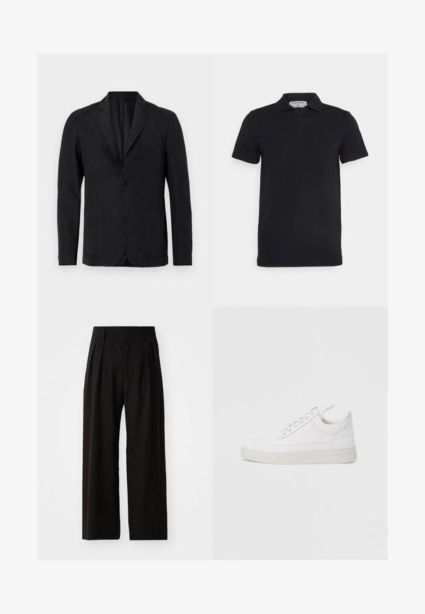 Blazer noir en tissu lisse, avec un col à revers cranté, deux poches avant, une fermeture à un bouton, et un design minimaliste.; Polo noir à manches courtes avec un col classique, fabriqué en tissu lisse. Présente une étiquette avec le nom de la marque 'Filippa K' au niveau de l'encolure.; Pantalons larges noirs avec une texture lisse, dotés de deux plis avant, d'une fermeture à bouton et de poches latérales. Tissu durable.; Baskets en cuir blanc avec un embout arrondi, une semelle plate et un laçage à l'avant. Présentent des détails de couture et un col rembourré pour plus de confort.
