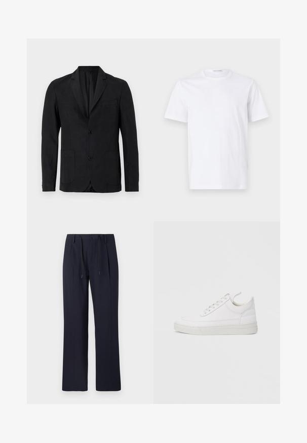 Sort blazer lavet af glat stof med notch-krave, to forlommer, enkelt knaplukning og minimalistisk design.; Hvid bomulds t-shirt med rund halsudskæring og korte ærmer. Glat tekstur, lige snit og minimalistisk design uden mønstre eller accenter.; Marineblå bukser med lige ben-design, fremstillet af struktureret stof. Har en frontlukning med knap og en justerbar snøring i taljen.; Hvid lædersneaker med rundet tå, flad sål og snørebånd foran. Har syningsdetaljer og polstret krave for komfort.