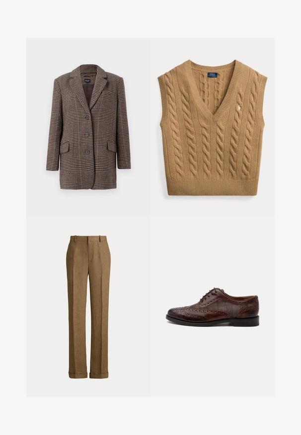 Blazer de cuadro de houndstooth marrón y beige con tres botones, dos bolsillos frontales con solapa y cuello con muesca, colgado sobre un fondo blanco.; Chaleco de punto sin mangas con escote en V en color camel marrón con etiqueta Polo Ralph Lauren y pequeño logo bordado en la parte delantera.; Pantalones marrones de corte recto con estampado de cuadros, trabillas para cinturón y dobladillos con vuelta, mostrados sobre un fondo liso.; Zapato de vestir masculino wingtip de cuero marrón con detalles brogue y paneles laterales de tela a cuadros, mostrado de perfil sobre fondo blanco.
