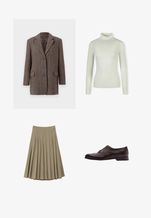 Blazer en pied-de-poule marron et beige avec trois boutons, deux poches à rabat à l'avant et un col à revers, suspendu sur un fond blanc.; Pull col roulé crème clair en matériau doux et côtelé ; design ajusté avec des manches longues et un ourlet texturé. Pas de motifs ni d'accents.; Jupe midi plissée beige avec taille haute, plis verticaux espacés uniformément et silhouette évasée en ligne A.; Chaussure habillée en cuir marron avec des détails de brogue, fermeture à lacets, bout arrondi et un petit talon empilé. Fini poli et perforations complexes.
