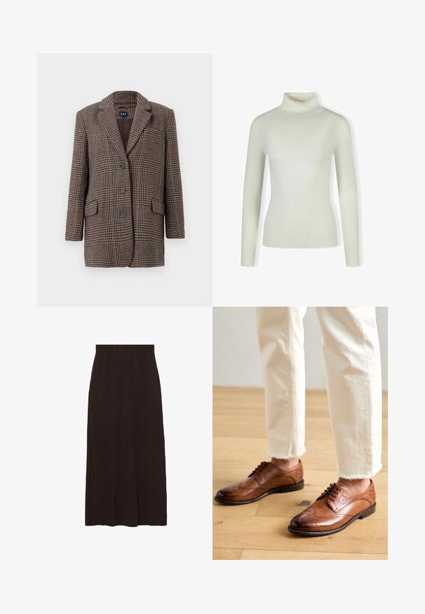 Brun og beige houndstooth-checket blazer med tre knapper, to forlommer med klap og krave med hak, hængende mod en hvid baggrund.; Lys cremefarvet sweater med rullekrave lavet af blødt, ribbet materiale; tætsiddende design med lange ærmer og tekstureret kant. Ingen mønstre eller detaljer.; Brun ribbet nederdel med mellemlang skæring og elastisk talje. Stoffet har en struktureret overflade med lodrette striber.; Brune læder brogue sko med perforerede detaljer, rund tå og en glat overflade, parret med cremede bukser med frynset kant.