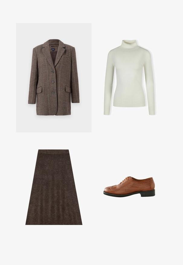 Blazer de cuadro de houndstooth marrón y beige con tres botones, dos bolsillos frontales con solapa y cuello con muesca, colgado sobre un fondo blanco.; Suéter de cuello alto en color crema claro, confeccionado en un material suave y acanalado; diseño ajustado con mangas largas y dobladillo texturizado. Sin patrones ni adornos.; Falda de punto marrón con un diseño acampanado, cinturilla elástica y una sutil textura en toda su superficie. La tela parece suave y cálida.; Zapato de brogue de piel marrón con detalles perforados, punta redondeada y un tacón bajo negro. Diseñado con un cierre clásico de cordones.