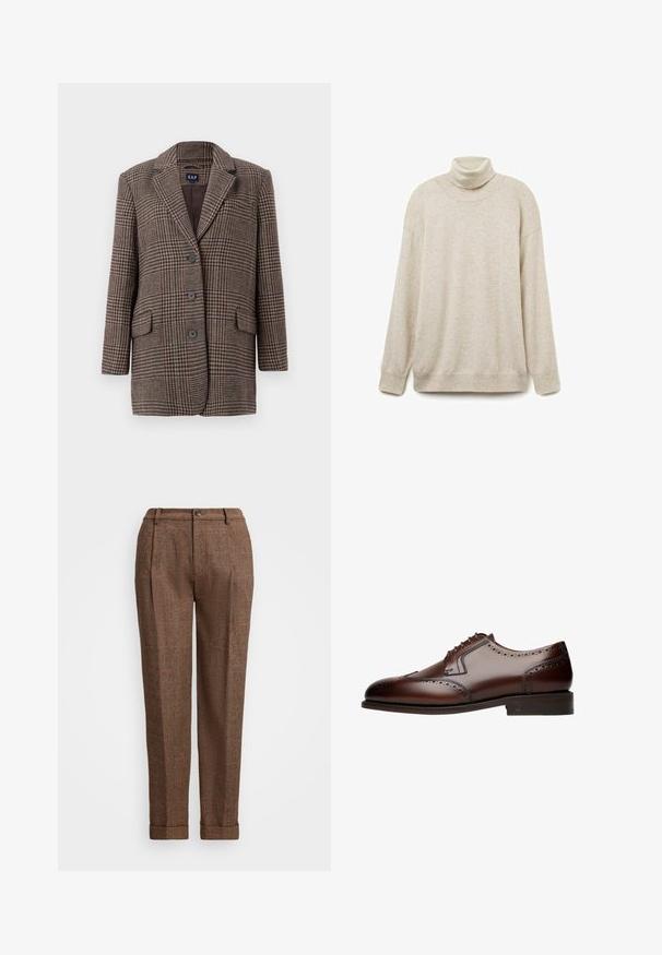 Blazer en pied-de-poule marron et beige avec trois boutons, deux poches à rabat à l'avant et un col à revers, suspendu sur un fond blanc.; Pull à col roulé beige en tissu doux, avec une coupe décontractée, col, poignets et ourlet côtelés. Surface simple et texturée sans motifs.; Pantalons à carreaux marron avec une coupe ajustée, présentant des plis, une fermeture à bouton et des ourlets retroussés. Tissu texturé avec des accents orange.; Chaussure de ville en cuir marron avec des détails brogue, bout arrondi et laçage à cinq œillets, reposant sur une semelle plate et texturée.