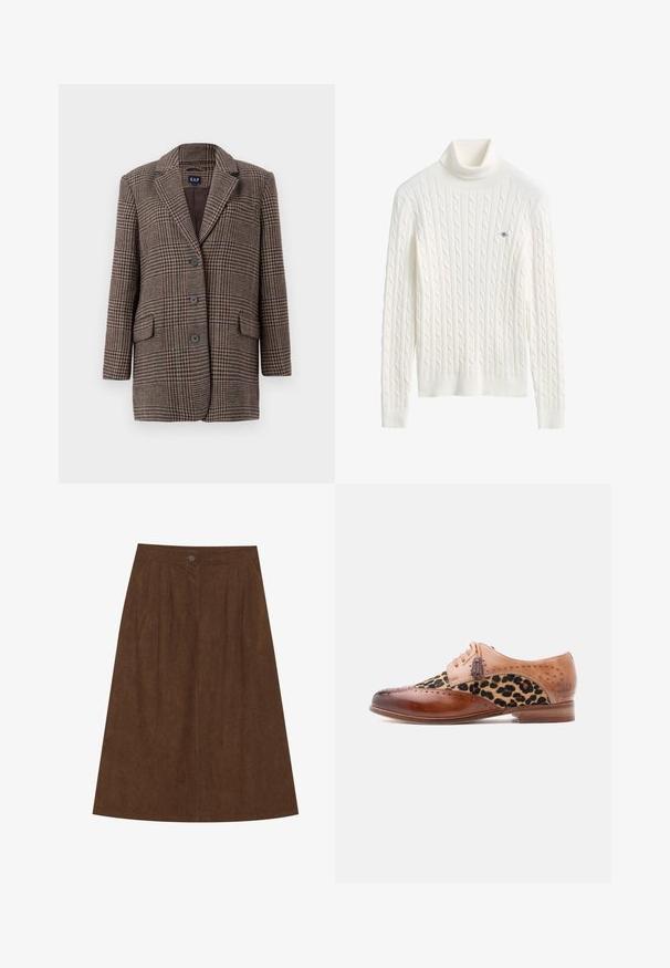 Blazer de cuadro de houndstooth marrón y beige con tres botones, dos bolsillos frontales con solapa y cuello con muesca, colgado sobre un fondo blanco.; Jersey de cuello alto de punto cable blanco con mangas largas y un pequeño logo bordado en el pecho.; Falda de pana marrón con cintura ajustada y pliegues, que presenta un cierre de un solo botón en la parte superior. Forma de línea A, longitud a media pantorrilla.; Zapato de vestir de cuero marrón con panel de tela estampada de leopardo, detalles de brogue, adornos de cordones con borlas y un tacón bajo de madera.