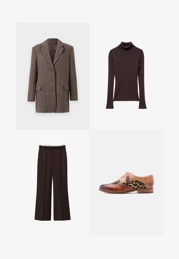 Blazer de cuadro de houndstooth marrón y beige con tres botones, dos bolsillos frontales con solapa y cuello con muesca, colgado sobre un fondo blanco.; Suéter de cuello alto de canalé marrón oscuro con un cuello ajustado y mangas largas, que presenta una tela texturizada y un dobladillo recto.; Pantalones de pierna ancha en tela marrón oscuro, con cintura alta, pinzas dobles y bolsillos laterales. Textura suave con pasadores para cinturón.; Zapato de vestir de cuero marrón con panel de tela estampada de leopardo, detalles de brogue, adornos de cordones con borlas y un tacón bajo de madera.