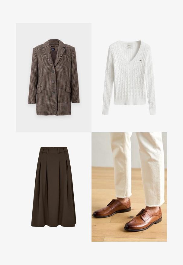 Blazer de cuadro de houndstooth marrón y beige con tres botones, dos bolsillos frontales con solapa y cuello con muesca, colgado sobre un fondo blanco.; Jersey blanco de canalé con mangas largas, cuello en V y pequeño logo bordado en el pecho izquierdo, fabricado en algodón elástico.; Falda marrón plisada hecha de tela suave, con cintura alta con trabillas, bolsillos laterales y una silueta en línea A fluida.; Zapatos brogue de cuero marrón con detalles perforados, punta redondeada y un acabado suave, combinados con pantalones de color crema con dobladillo desflecado.