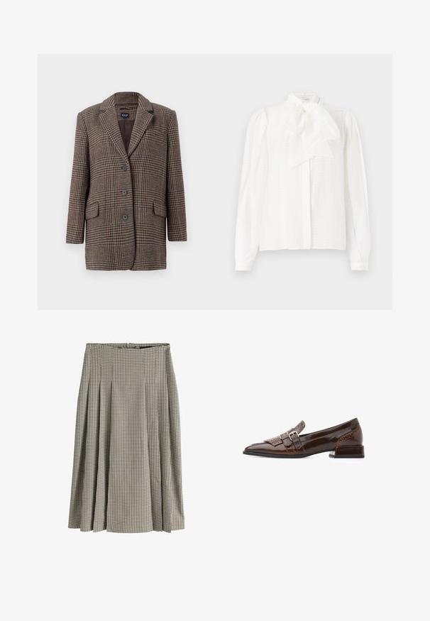 Brun og beige houndstooth-checket blazer med tre knapper, to forlommer med klap og krave med hak, hængende mod en hvid baggrund.; Hvid bluse med høj krave, bånddetalje, lange ærmer med knapmanchetter og et struktureret, stribet stof.; Midlang plisseret nederdel med sort og hvid hundetandsmønster, høj talje og struktureret stof.; Mørkebrun lakskindsko med lav blokhæl, dobbelte gyldne spænder, dekorativ frynse foran og perforeret detalje på hælen.