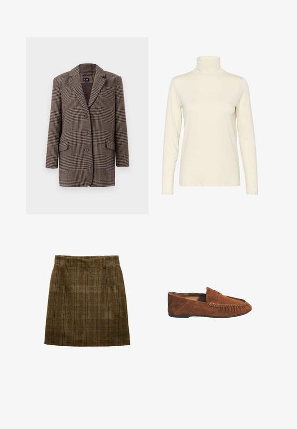 Brun og beige houndstooth-checket blazer med tre knapper, to forlommer med klap og krave med hak, hængende mod en hvid baggrund.; Langærmet turtleneck top i off-white, lavet af blødt, strækbart stof. Tætsiddende design med glat tekstur og minimale syninger.; Brun ternet uldnederdel med bæltestropper, en lige pasform og diskrete læg foran, designet til at være knælængde.; Brun ruskind herre loafer med synlige sømme og penny-rem, flad gummisål og mokkasinstil på tåen.