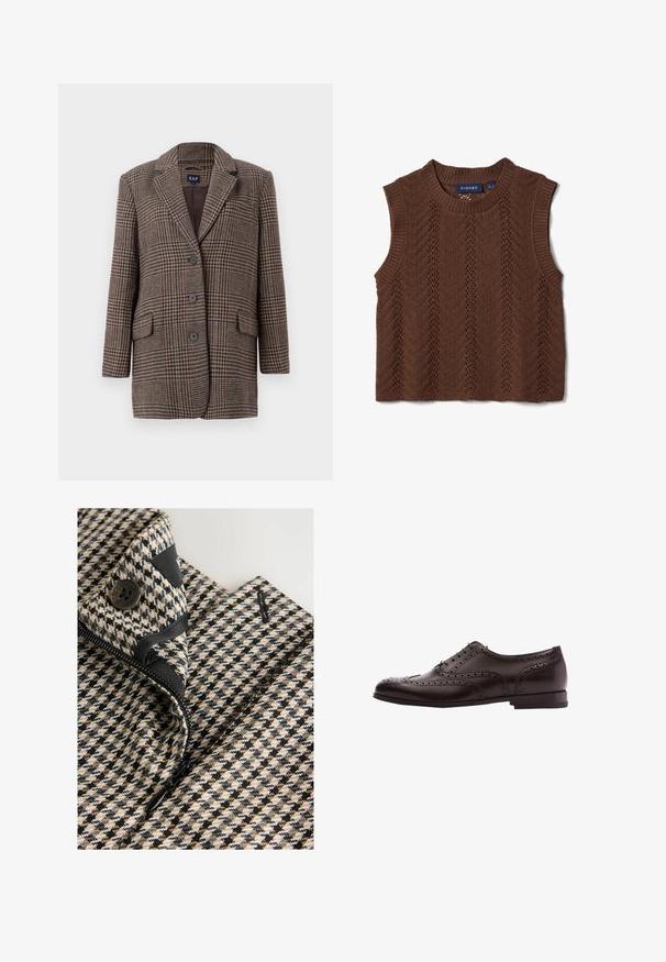 Bruin en beige houndstooth ruitjesblazer met drie knopen, twee voorzakken met klep en een genotched kraag, hangend tegen een witte achtergrond.; Bruin, mouwloos, gebreid topje met een geribbelde ronde halslijn en een verticaal kanten chevronpatroon, gelabeld "PIOMBO".; Close-up van een beige, zwart en wit kledingstuk met pied-de-poule patroon, een zwarte knoop en gedeeltelijk open zwarte rits.; Bruine leren schoenen met brogue-details, vetersluiting, ronde neus en een lage gestapelde hak. Gepolijste afwerking en ingewikkelde perforaties.