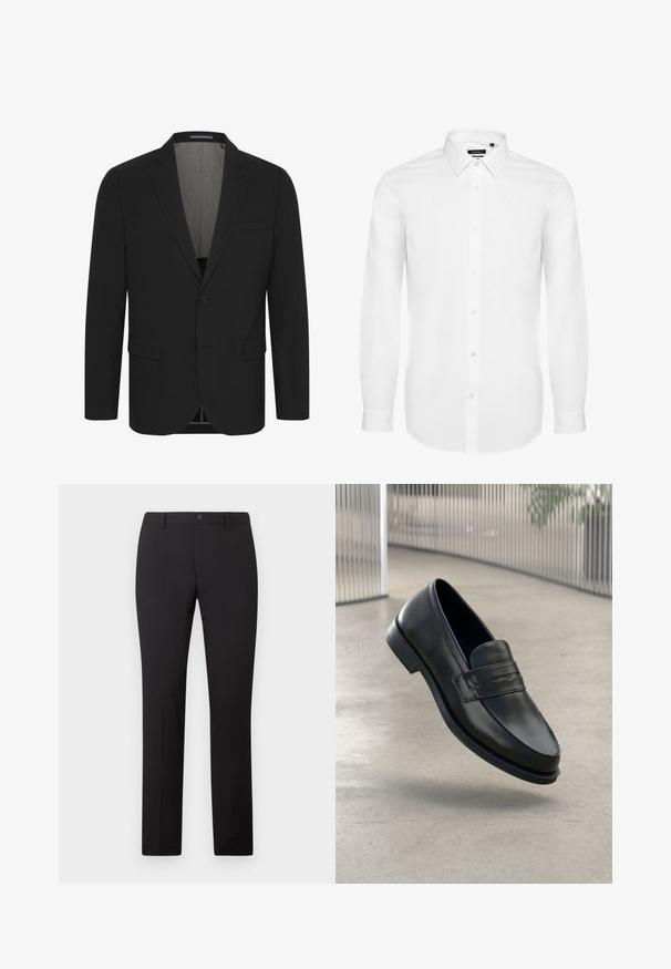 Schwarzer Blazer aus glattem Stoff, mit Reverskragen, zwei vorderen Taschen und einer Zwei-Knopf-Verschluss. Gefüttertes Innenfutter. Minimale Details.; Weißes Langarmhemd aus gewebtem Stoff, mit Button-Down-Kragen, durchgehender Knopfleiste und geknöpften Ärmeln. Minimalistisches Design.; Schwarze, maßgeschneiderte Hose mit geradem Bein, ausgestattet mit Knopfverschluss und Gürtelschlaufen. Hergestellt aus glattem Stoff ohne sichtbare Muster.; Schwarzer Lederloafer mit glatter Textur, spitzer Zehe und einem dekorativen Riemen über dem Rist. Leichte Sohle, minimalistisches Design.