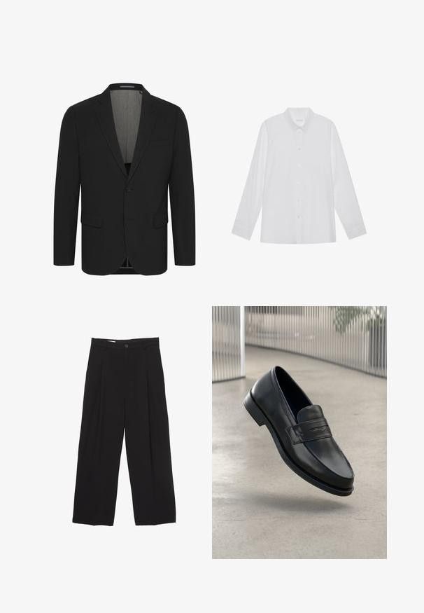 Schwarzer Blazer aus glattem Stoff, mit Reverskragen, zwei vorderen Taschen und einer Zwei-Knopf-Verschluss. Gefüttertes Innenfutter. Minimale Details.; Weiße Langarmbluse aus glattem Stoff, mit spitzem Kragen, Knopfleiste vorne und Ein-Knopf-Manschetten.; Schwarze weit geschnittene Hose aus glattem Stoff, mit flachem Taillenbund, vorderen Falten und einer einzigen Knopfverschlus.; Schwarzer Lederloafer mit glatter Textur, spitzer Zehe und einem dekorativen Riemen über dem Rist. Leichte Sohle, minimalistisches Design.