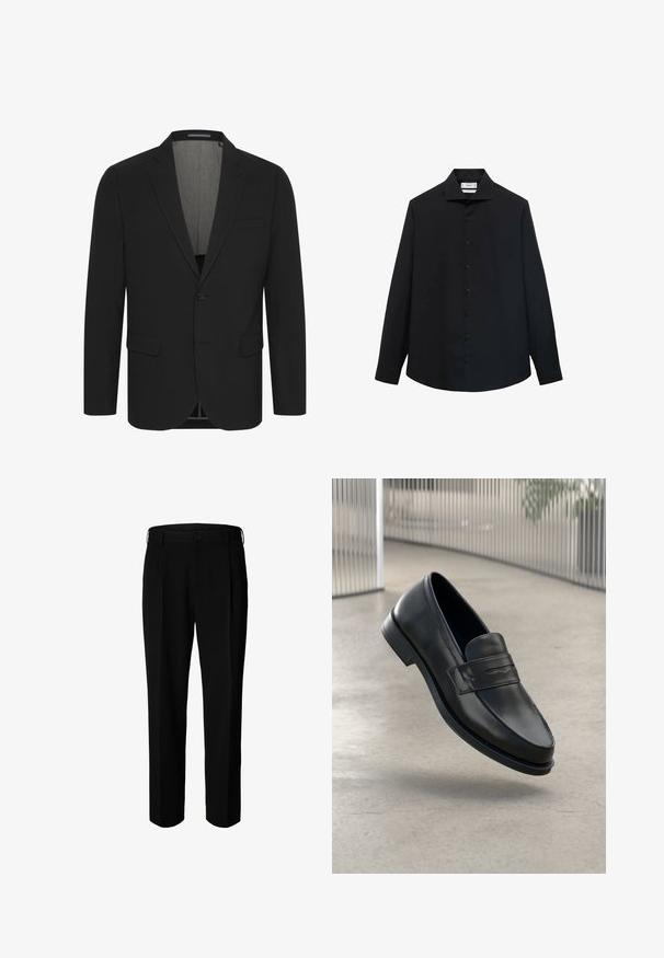 Schwarzer Blazer aus glattem Stoff, mit Reverskragen, zwei vorderen Taschen und einer Zwei-Knopf-Verschluss. Gefüttertes Innenfutter. Minimale Details.; Schwarzes Langarmshirt aus glattem Stoff, mit einem klassischen Kragen und einer durchgehenden Knopfleiste mit gleichmäßig verteilten Knöpfen.; Schwarze formelle Hose mit Gürtelschlaufen, Frontknopf und Reißverschluss, vor weißem Hintergrund dargestellt.; Schwarzer Lederloafer mit glatter Textur, spitzer Zehe und einem dekorativen Riemen über dem Rist. Leichte Sohle, minimalistisches Design.