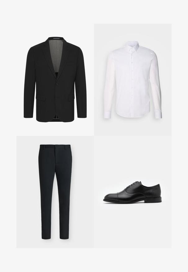 Zwarte blazer van gladde stof, met een notch-kleur, twee voorzakken en een sluiting met twee knopen. Voering aan de binnenkant. Minimum detailing.; Witte lange mouwen overhemd met knopen, gemaakt van katoen, voorzien van een klassieke kraag, voorkant met knopen en minimale stikdetails.; Zwarte slim-fit nette broek met riemlussen, ritssluiting aan de voorkant en zonder zichtbare zakken, weergegeven tegen een effen witte achtergrond.; Zwarte leren dresschoenen met een ronde neus, vetersluiting en subtiele stikseldetails. Voorzien van een lage hak en een gladde textuur.