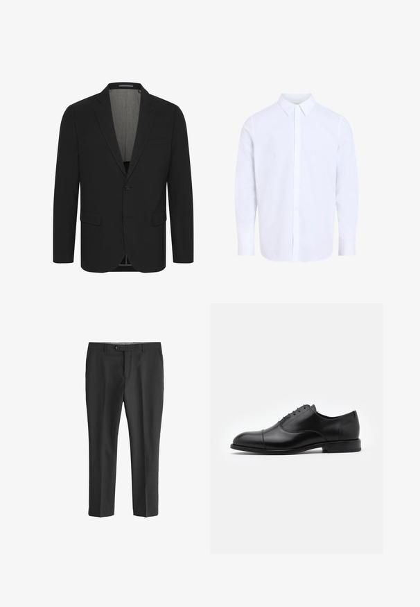 Zwarte blazer van gladde stof, met een notch-kleur, twee voorzakken en een sluiting met twee knopen. Voering aan de binnenkant. Minimum detailing.; Wit overhemd met lange mouwen en klassieke kraag, gemaakt van gladde stof, voorzien van een knoopsluiting aan de voorkant en een afgeronde zoom.; Zwarte broeken van lichtgewicht stof, met een rechte pasvorm, knoopsluiting en voortassen. Vloeiende textuur zonder patronen.; Zwarte leren dresschoenen met een ronde neus, vetersluiting en subtiele stikseldetails. Voorzien van een lage hak en een gladde textuur.