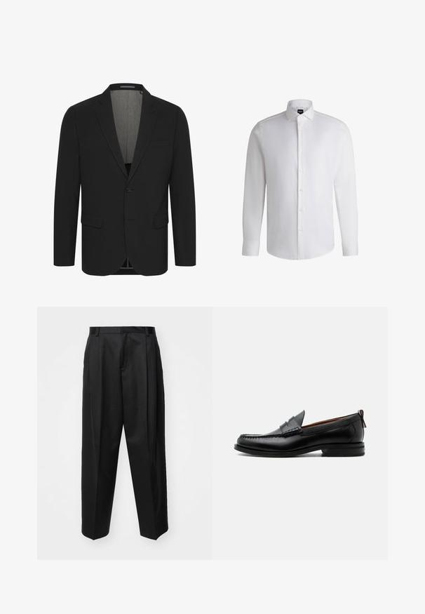 Schwarzer Blazer aus glattem Stoff, mit Reverskragen, zwei vorderen Taschen und einer Zwei-Knopf-Verschluss. Gefüttertes Innenfutter. Minimale Details.; Weißes Langarmhemd aus glattem Baumwollstoff, mit klassischem Kragen, durchgehender Knopfleiste und geknöpften Manschetten. Minimalistisches Design.; Schwarze, taillierte Hosen mit hoher Taille, weitem Bein und scharfen Falten. Aus glattem Stoff gefertigt, mit Gürtelschlaufen und ohne sichtbare Beschläge.; Schwarzer Leder-Herrenschuh mit Mokassinnaht, Penny-Riemen, strukturiertem Kragen und niedrigem gestapeltem Absatz auf weißem Hintergrund.