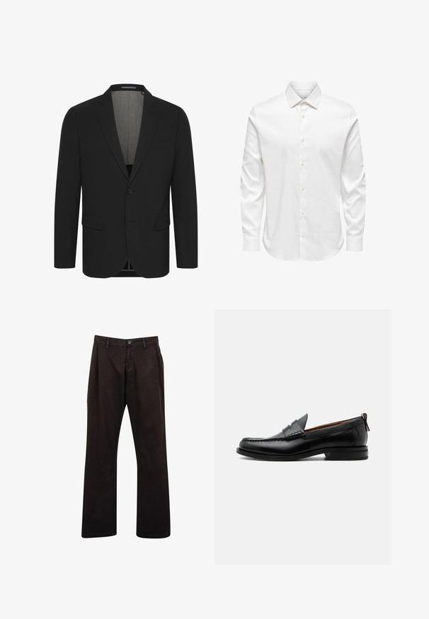 Zwarte blazer van gladde stof, met een notch-kleur, twee voorzakken en een sluiting met twee knopen. Voering aan de binnenkant. Minimum detailing.; Wit herenshirt met lange mouwen, een puntige kraag en een rij witte knopen aan de voorkant op een effen achtergrond.; Zwarte katoen broek met een recht pijpdesign, voorzien van een knoopsluiting en standaard zakken. Minimalistische stijl zonder zichtbare patronen.; Zwarte leren herensloffen met moc toe stiksel, pennyriem, gestructureerde kraag en lage gestapelde hak op witte achtergrond.