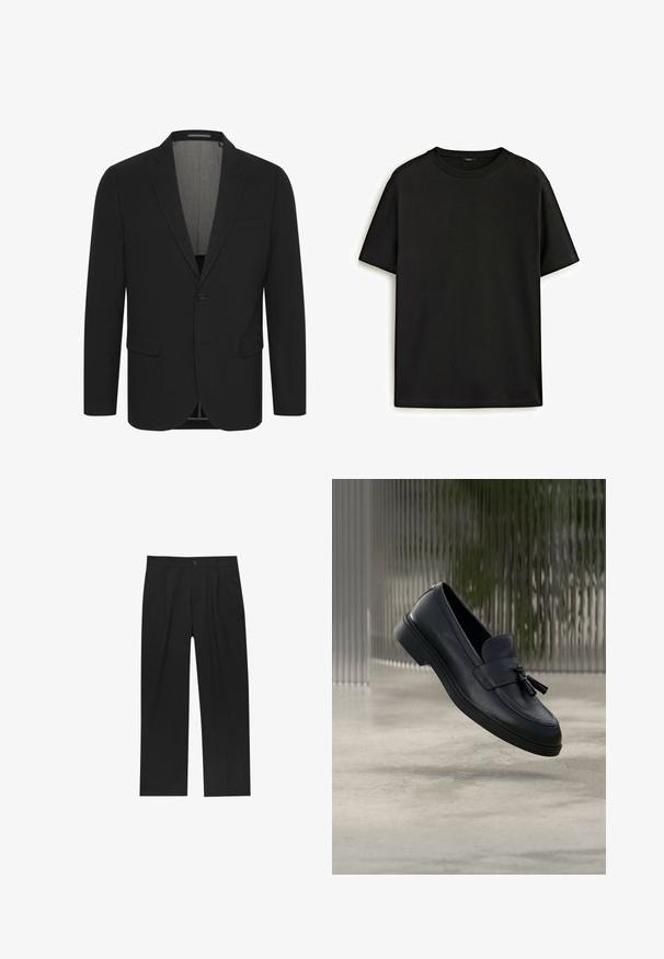 Schwarzer Blazer aus glattem Stoff, mit Reverskragen, zwei vorderen Taschen und einer Zwei-Knopf-Verschluss. Gefüttertes Innenfutter. Minimale Details.; Schwarzes Baumwoll-T-Shirt mit klassischem Rundhalsausschnitt, kurzen Ärmeln und lockerer Passform. Glatte Textur, keine Muster oder Verzierungen.; Schwarze Hose mit geradem Schnitt, aus einem glatten Stoff gefertigt. Verfügt über Vorderfalten und einen einzelnen Knopfverschluss an der Taille.; Schwarze Leder-Loafer mit glatter Textur, gerundeter Zehenpartie und dekorativen Quasten vorne. Flexible Gummisohle mit niedrigem Absatz.