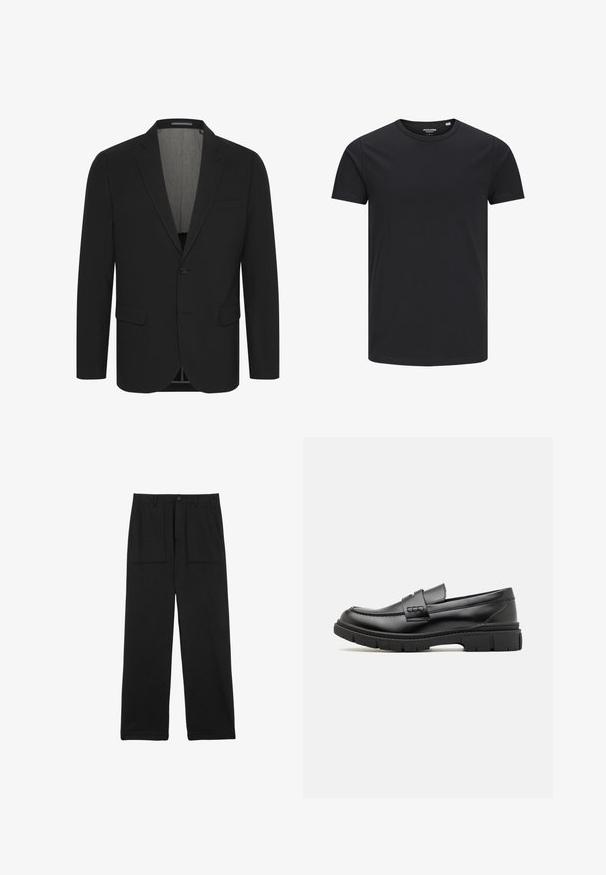 Schwarzer Blazer aus glattem Stoff, mit Reverskragen, zwei vorderen Taschen und einer Zwei-Knopf-Verschluss. Gefüttertes Innenfutter. Minimale Details.; Schwarzes Baumwoll-T-Shirt mit Rundhalsausschnitt, kurzen Ärmeln und schlichtem Design. Glatte Textur, keine Muster oder sichtbare Beschläge.; Schwarze Hosen mit weitem Bein aus strukturiertem Stoff, ausgestattet mit einem hohen Bund und zwei Fronttaschen. Verfügen über einen oberen Knopf und einen Reißverschluss vorne.; Schwarze Lederloafer mit einem breiten Riemen über dem Rist, Gummisohle mit dicken Profilen und glatter Textur. Klassisches, schlankes Design.