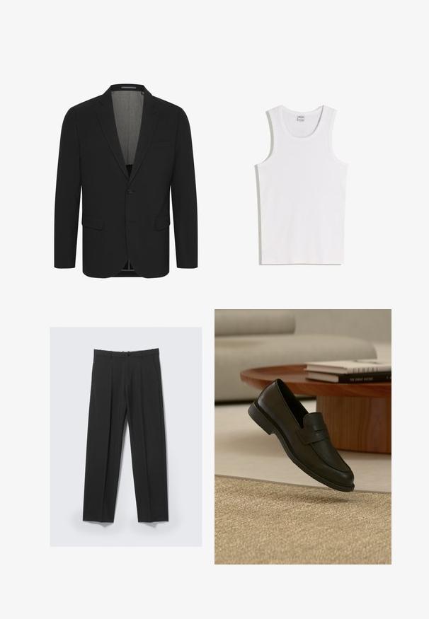 Schwarzer Blazer aus glattem Stoff, mit Reverskragen, zwei vorderen Taschen und einer Zwei-Knopf-Verschluss. Gefüttertes Innenfutter. Minimale Details.; Weißes Baumwoll-Tanktop mit rundem Ausschnitt und breiten Trägern. Glatte Textur, keine Muster oder Akzente, schlichtes Design.; Schwarze, maßgeschneiderte Hose mit vorderen Falten, Seitentaschen, Gürtelschlaufen und Knopfverschluss am Bund vor hellem Hintergrund.; Schwarzer Lederloafer-Schuh schwebt über einem beige gewebten Teppich, mit einem Holztisch und gestapelten Büchern in einem sanft beleuchteten Wohnzimmer.