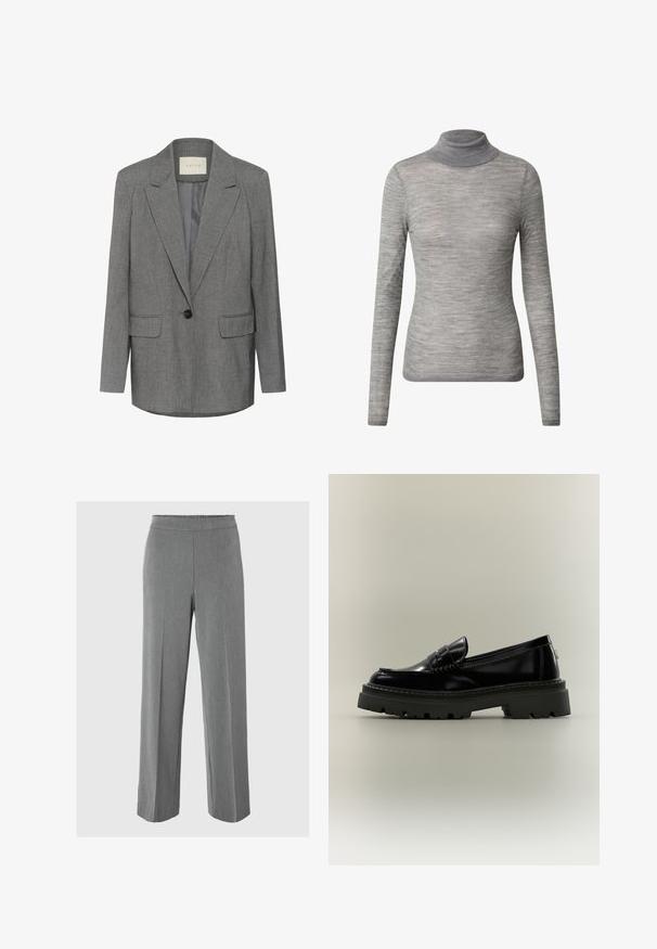 Blazer gris à rayures fines avec un revers cranté, fermeture à un seul bouton noir et deux poches avant. Intérieur doublé d'un tissu lisse.; EDITED HATTI - Pullover - grau; Un pantalon large gris avec une taille élastique, fabriqué dans un tissu lisse, présentant des rayures ton sur ton et une coupe ajustée.; Mocassin en cuir noir brillant avec semelle épaisse à crampons et détail de bride penny, vu de côté sur un fond neutre uni.