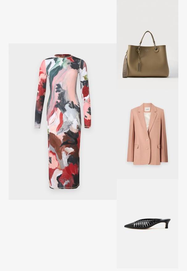 Roze blazer, op maat gemaakt ontwerp, enkelbreasted met twee knopen, klepzakken, notch revers, gladde voering in crème satijn.; Jurk met lange mouwen en een aansluitend silhouet, gemaakt van een gladde stof met een meerkleurig abstract bloemmotief in rood, roze en groen.; Zwarte leren mule met puntige neus, riemdesign met uitsnijdingen en lage kittenhiel op een witte achtergrond.; Beige leren handtas met twee handvatten, zilverkleurige hardware en een afneembare schouderriem. Heeft een subtiele textuur.