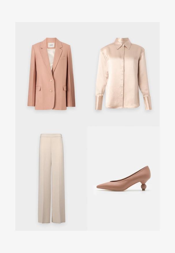 Blazer rosa empolvado, diseño entallado, de un solo boton, con dos botones, bolsillos con solapa, cuello con muesca, forro liso en satén crema.; Blusa de satén en suave beige con un collar clásico, mangas largas, cierre frontal con botones y un ajuste ligeramente holgado. Textura suave, con detalles mínimos.; Pantalones de pierna ancha en color beige, confeccionados en una tela suave, con una cintura alta y ligeros pliegues frontales. Sin bolsillos ni detalles de hardware visibles.; Weekend Max Mara RENZA - Tacones - nudo