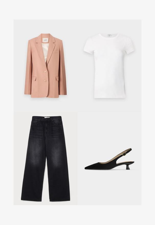 Roze blazer, op maat gemaakt ontwerp, enkelbreasted met twee knopen, klepzakken, notch revers, gladde voering in crème satijn.; Wit geribd T-shirt met korte mouwen en een ronde hals. De stof lijkt glad met een getailleerde pasvorm. Logo zichtbaar op de kraag.; Mother THE SPINNER ZIP SNEAK - Relaxed fit jeans - black; Zwarte slingback-schoen met spitse neus, lage kittenhak en gouden gespband, in profiel getoond op een effen lichte achtergrond.