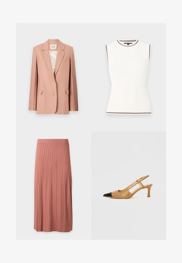 Roze blazer, op maat gemaakt ontwerp, enkelbreasted met twee knopen, klepzakken, notch revers, gladde voering in crème satijn.; Mouwloze witte geribbelde top met bruine afwerking aan de halslijn, armsgaten en zoom, getoond op een effen achtergrond.; Plissé midi-rok in stoffige rozekleur met brede geribbelde tailleband en verticale brede plooien op textuurstof.; Beige slingbackhakken met een spitse zwarte neuskap, met uitgeholde zijkanten en een blokhak van gemiddelde hoogte. Glad leermateriaal.