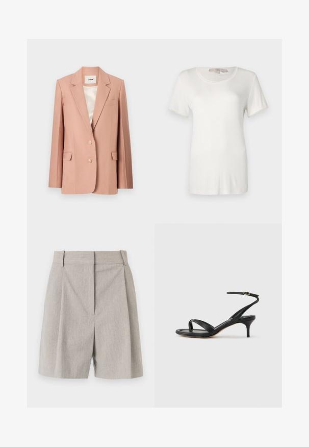 Blazer rosa empolvado, diseño entallado, de un solo boton, con dos botones, bolsillos con solapa, cuello con muesca, forro liso en satén crema.; Camiseta blanca de manga corta hecha de algodón suave y elástico. Presenta un escote redondo y una textura lisa y uniforme sin patrones visibles.; By Malene Birger POVILLE - Shorts - grey brown; Sandalia negra de cuero para mujer con tiras finas, un lazo para el dedo del pie, hebilla en el tobillo y tacón de aguja de altura media sobre un fondo neutro.