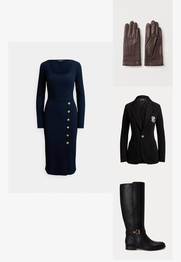 Schwarzer Ein-Knopf-Blazer mit abgestepptem Revers, drei vorderen Taschen und weiß besticktem Logo auf der Brusttasche.; Marineblaues, langärmliges Kleid mit Rippstrick, quadratischem Ausschnitt und seitlichen Knöpfen. Es hat eine figurbetonte Silhouette und einen knielangen Saum.; Schwarzer kniehoher Lederstiefel mit niedrigem Absatz, goldener Schnalle und kleinem eingeprägtem Logo am Seitengurt.; Paar dunkelbraune Lederhandschuhe, eines zeigt die Rückseite mit dekorativen Nähten und Logo, das andere die Handfläche.